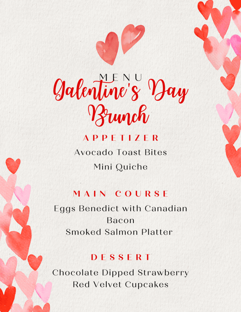 galentines day brunch menu, galentines day menu, menu idea for galentines day brunch