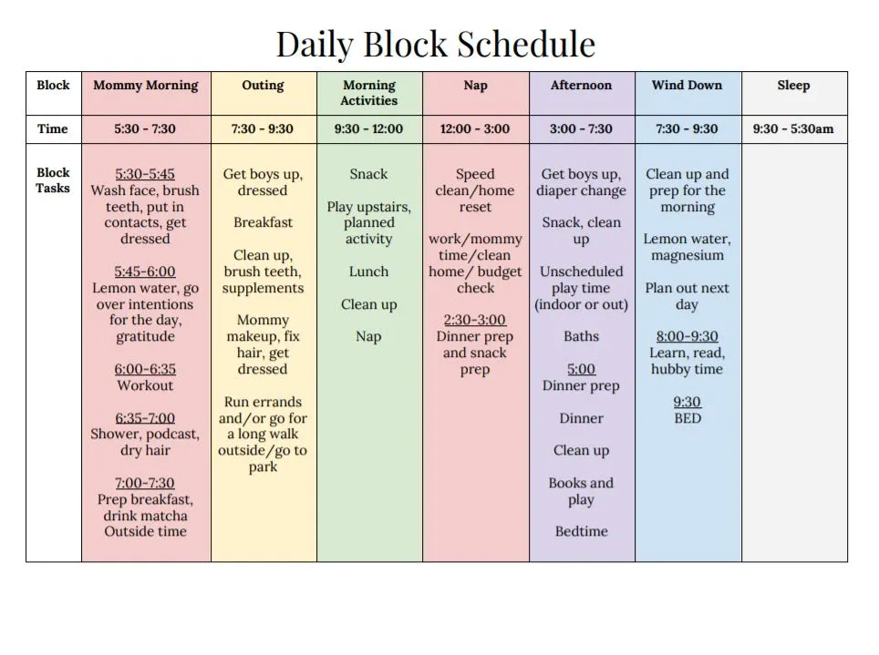 mom daily routine sample schedule with blocked out times for the day