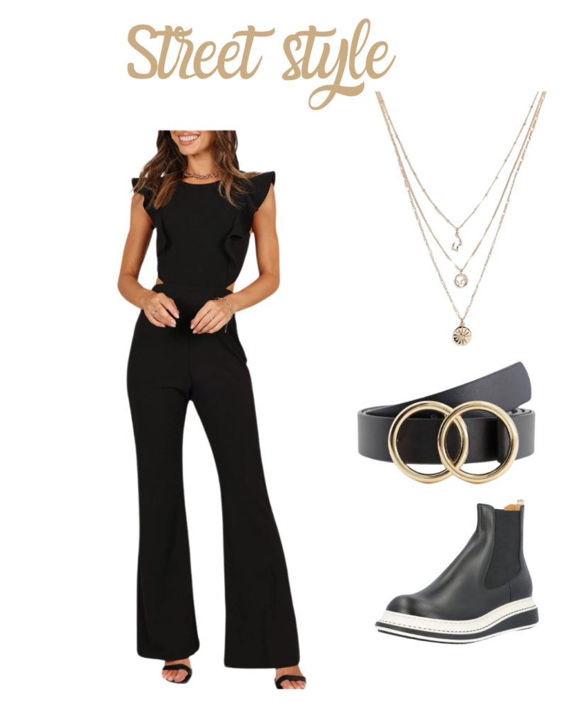 street style outfit idea, ltk street style outfit, ltk post, how to dress up a black jumpsuit