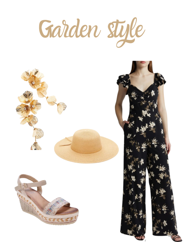 garden style ltk outfit idea, how to dress up a black jumpsuit floral look