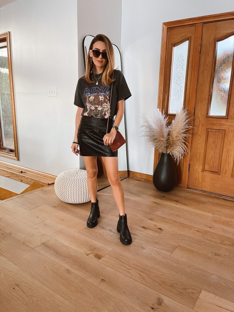 graphic tee with leather skirt